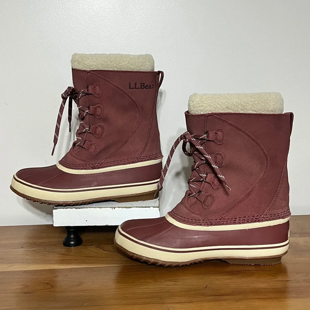 LL Bean Womens Wildcat Boots Burgundy Wine Fleece Lined Snow Duck Boots 9 284882